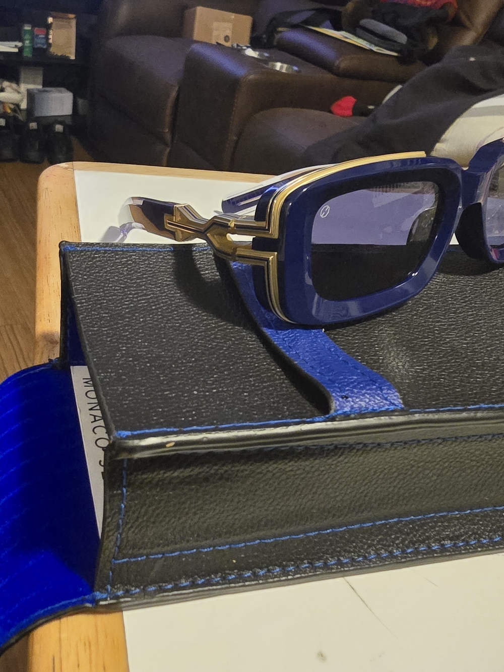 Blue Rectangular Sunglasses with Gold Accents